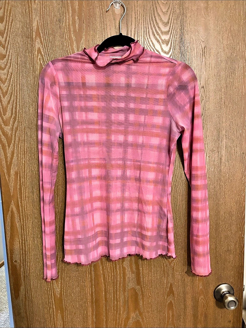 PILCRO Plaid Mesh Mock-Neck Top Women's Pink Long Sleeve